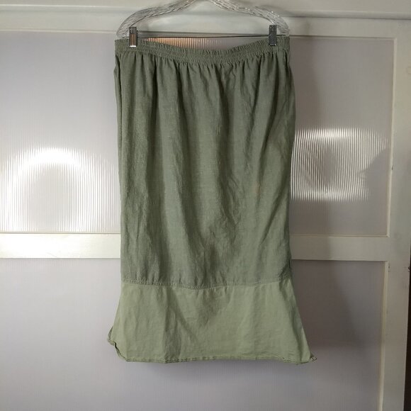 Green Midi Skirt  Elastic Waist  Pocket Lower Hem Art to Wear Abstract Hippie - Picture 3 of 10